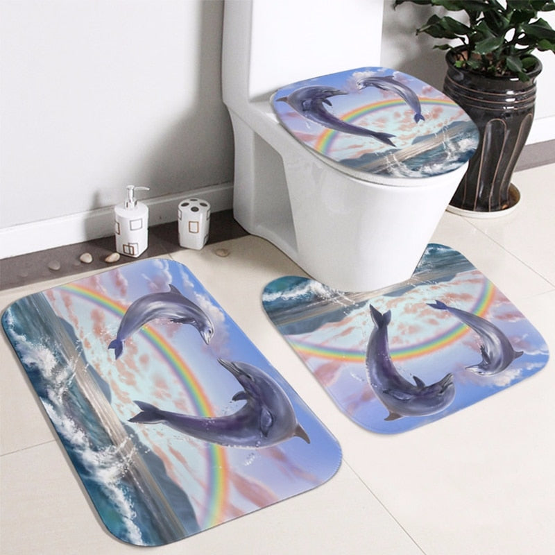 3D Elephant Print Bathroom Sets Ocean Dolphin Deep Sea Shower Curtain With 12 Hooks Pedestal Rug Lid Toilet Cover Bath Mat Set