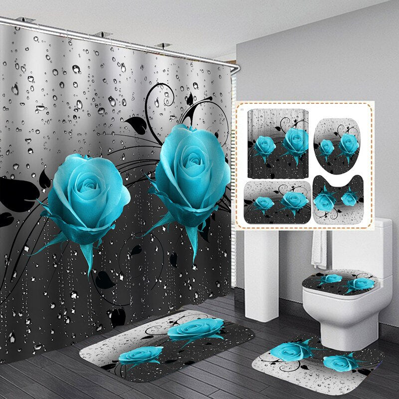 Butterfly Rose Flower Shower Curtain Sets Non-Slip Rugs Bath Mat Toilet Lid Cover 12 Hooks Waterproof Polyester Bathroom Decor