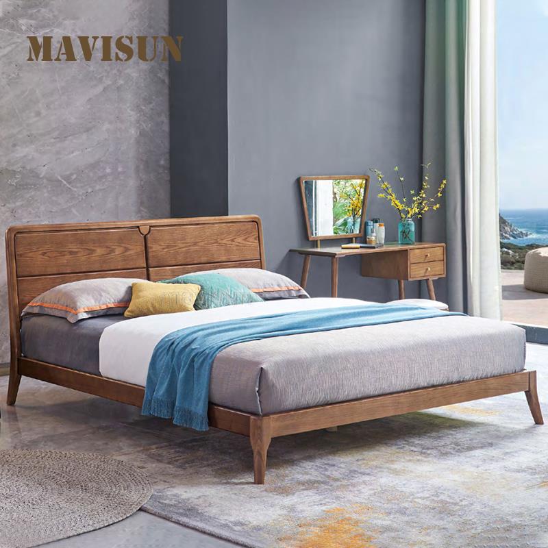 New Classical Nordic Ash Wood Double Bed Contemporary Wooden Backrest Simple Japanese-Style Master Bed Furniture For Bedroom