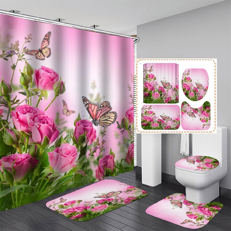 Butterfly Rose Flower Shower Curtain Sets Non-Slip Rugs Bath Mat Toilet Lid Cover 12 Hooks Waterproof Polyester Bathroom Decor