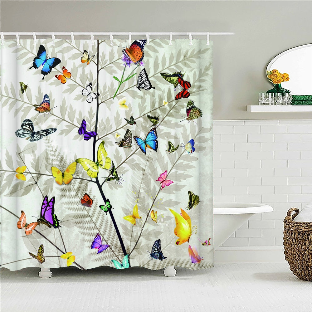 Colorful Butterfly Feathers 3d Nature Flower Plant Shower Curtains Bathroom Curtain Waterproof Polyester Cloth Decoration Screen