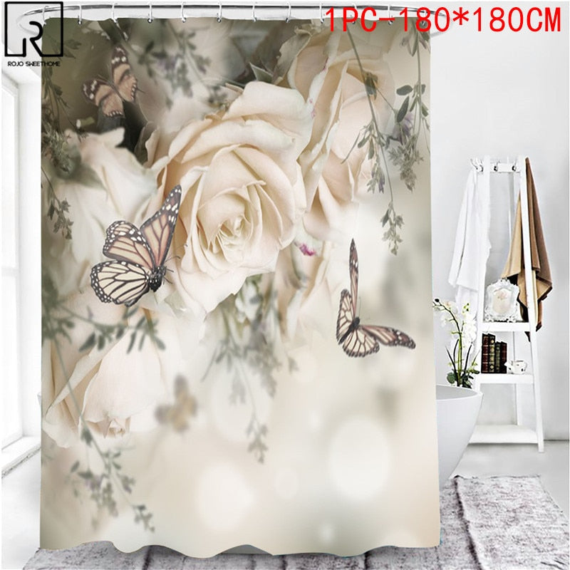 Elegant Flower Print Shower Curtain Set Waterproof Bathtub Screen Soft Bath Mats Carpets Rugs Bathroom Accessories Home Decor