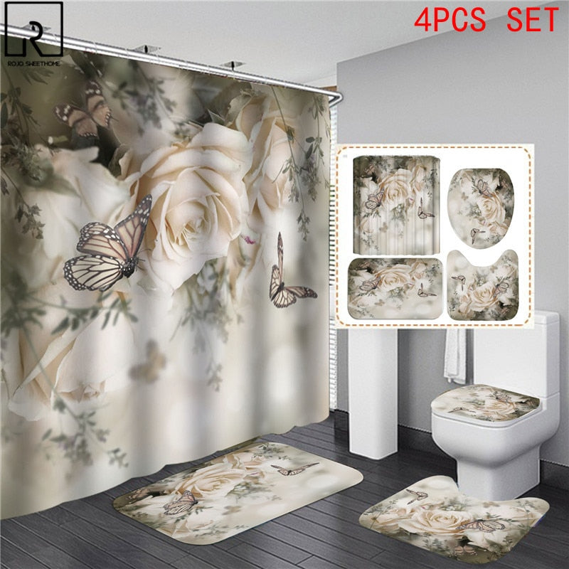 Elegant Flower Print Shower Curtain Set Waterproof Bathtub Screen Soft Bath Mats Carpets Rugs Bathroom Accessories Home Decor