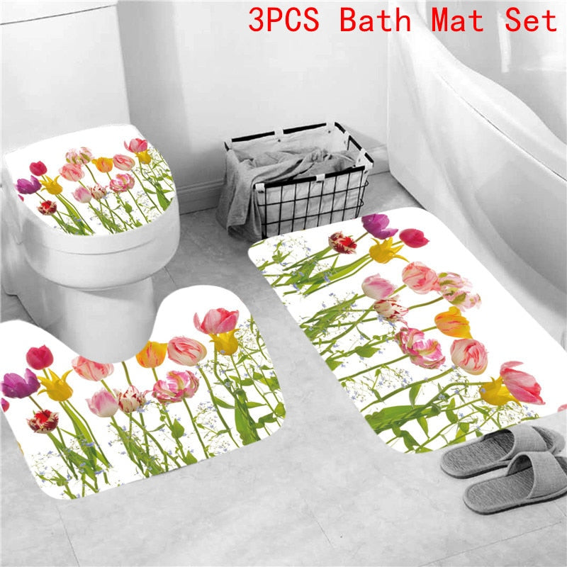 Pink Big Flowers Printed Shower Curtain Set with Rug Anti-slip Carpet Bathtub Toilet Screen Waterproof Bathroom Decor with Hooks