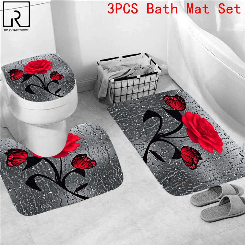 5 Colors Rose Print 3D Shower Curtain Waterproof Polyester Bathroom Curtain Anti-slip Bath Mat Set Toilet Rugs Carpet Home Decor