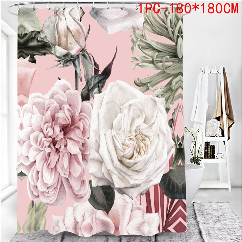 Pink Big Flowers Printed Shower Curtain Set with Rug Anti-slip Carpet Bathtub Toilet Screen Waterproof Bathroom Decor with Hooks