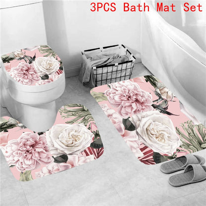 Pink Big Flowers Printed Shower Curtain Set with Rug Anti-slip Carpet Bathtub Toilet Screen Waterproof Bathroom Decor with Hooks