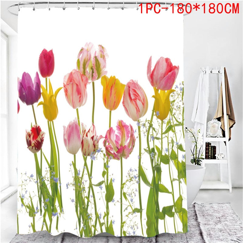 Pink Big Flowers Printed Shower Curtain Set with Rug Anti-slip Carpet Bathtub Toilet Screen Waterproof Bathroom Decor with Hooks