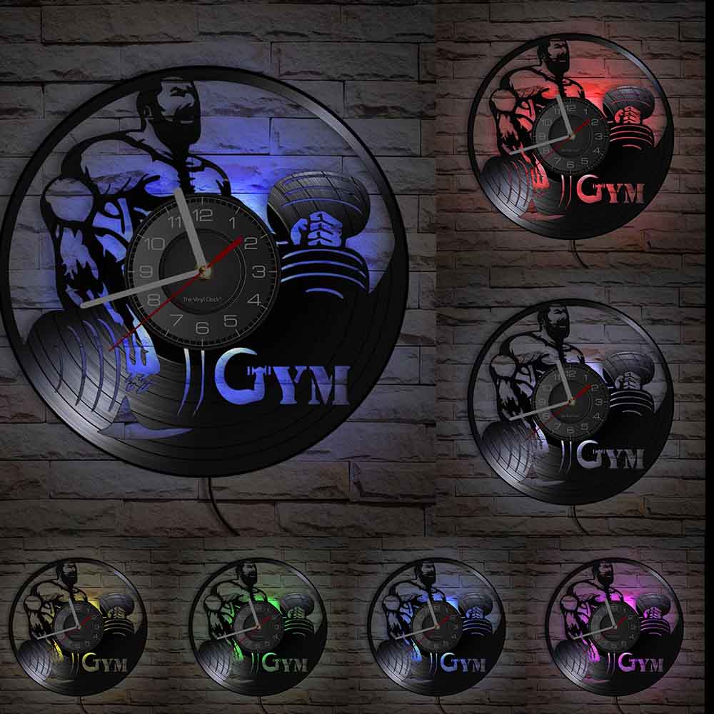 Fitness Gym Silent Quartz Wall Clock Fitness Bodybuild Vinyl Record Wall Clock Watch Sport Room Wall Decor Sign Sportsman Gift