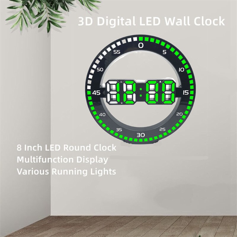 ChuHan 8 Inch 3D LED Technology Luminous Digital Electronic Mute Wall Clock Temperature Date Multi Function Jump Second Clock