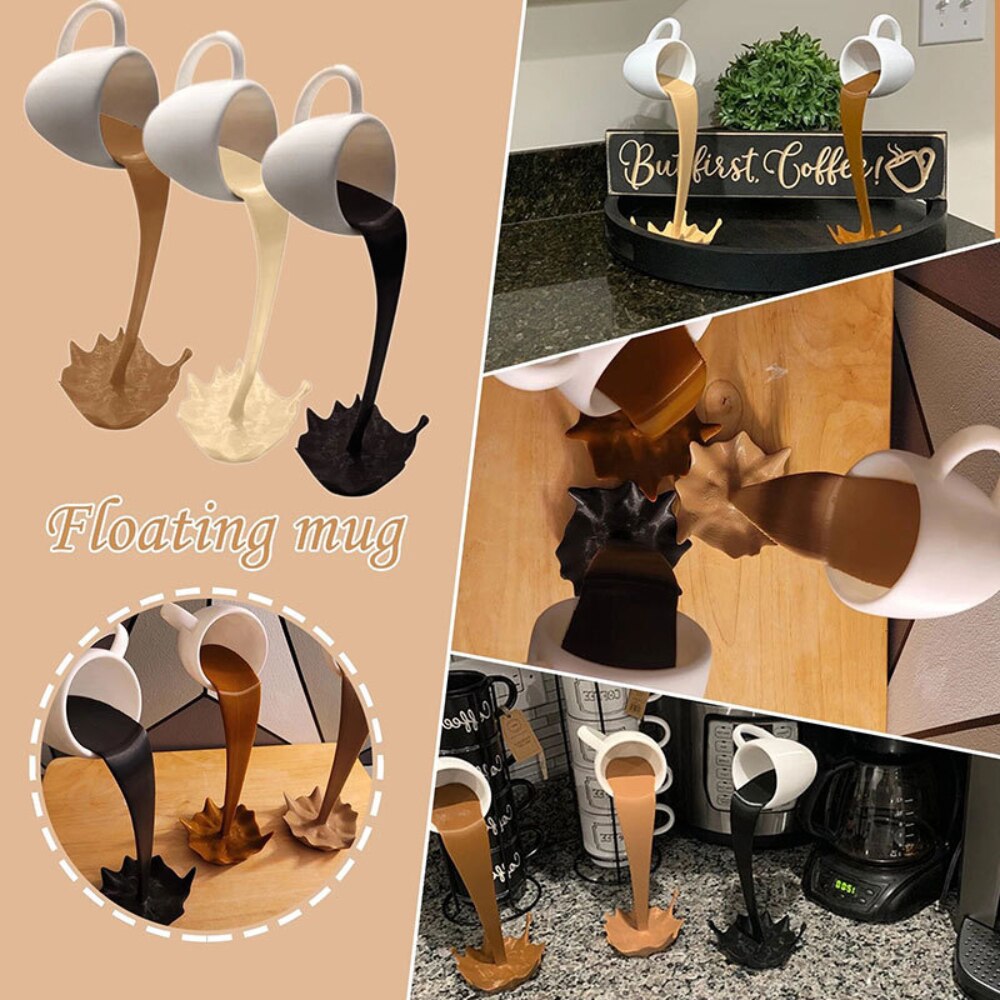 Resin Statues Floating Spilling Coffee Cup Coffee Mug Sculpture Kitchen Magic Pouring Splash Home Decoration Creative Desktop