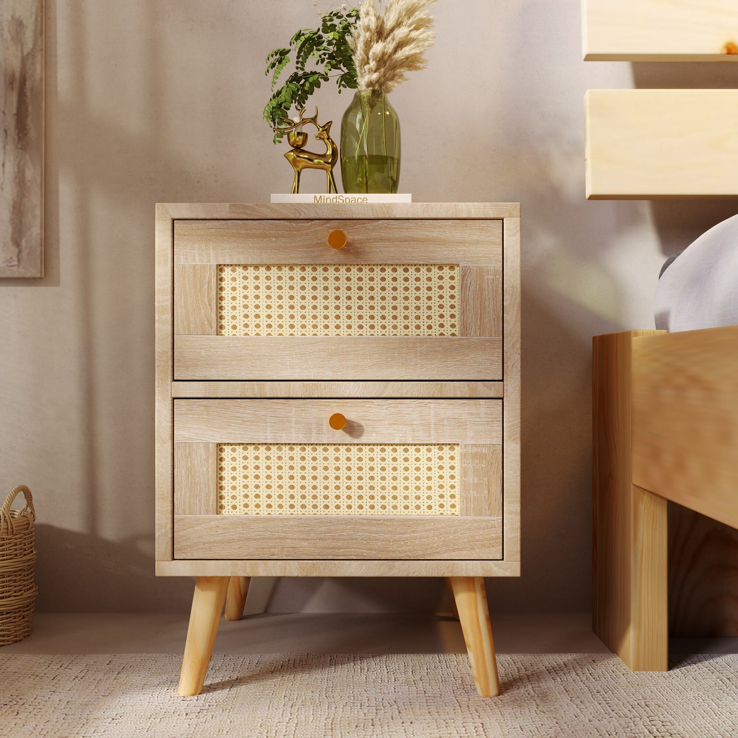 Bedside Table Nightstand Side Table with 2 Drawers Oak Rattan Rattan Drawer Fronts Sofa Table Bedroom Furniture H55/W40/D40CM