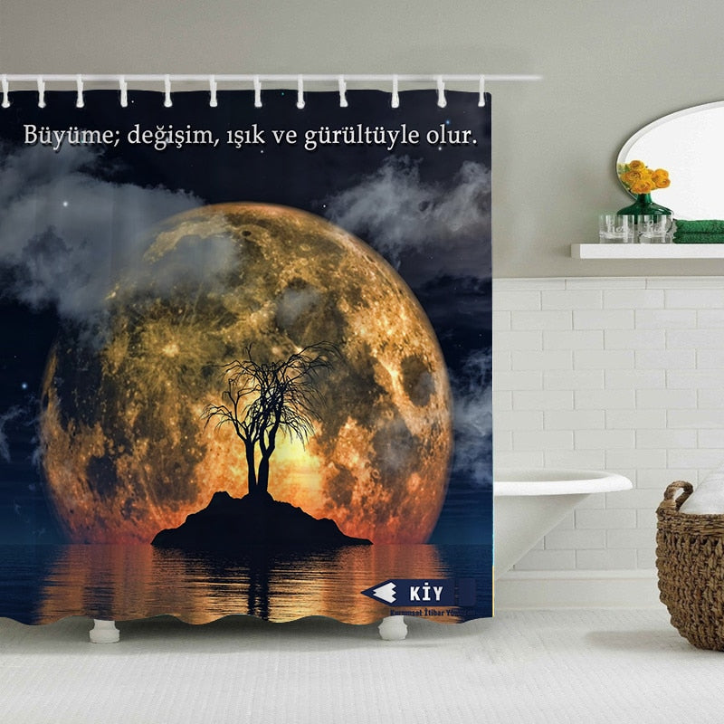 Waterproof Shower Curtain Sets with Rugs Moonlight Sea Scenery Bath Rug and Mats with Hooks Toilet Seat Cover Bathroom Decor