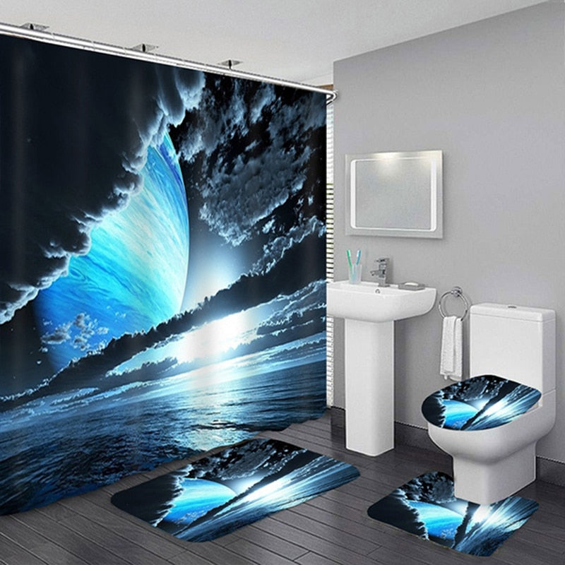 Waterproof Shower Curtain Sets with Rugs Moonlight Sea Scenery Bath Rug and Mats with Hooks Toilet Seat Cover Bathroom Decor