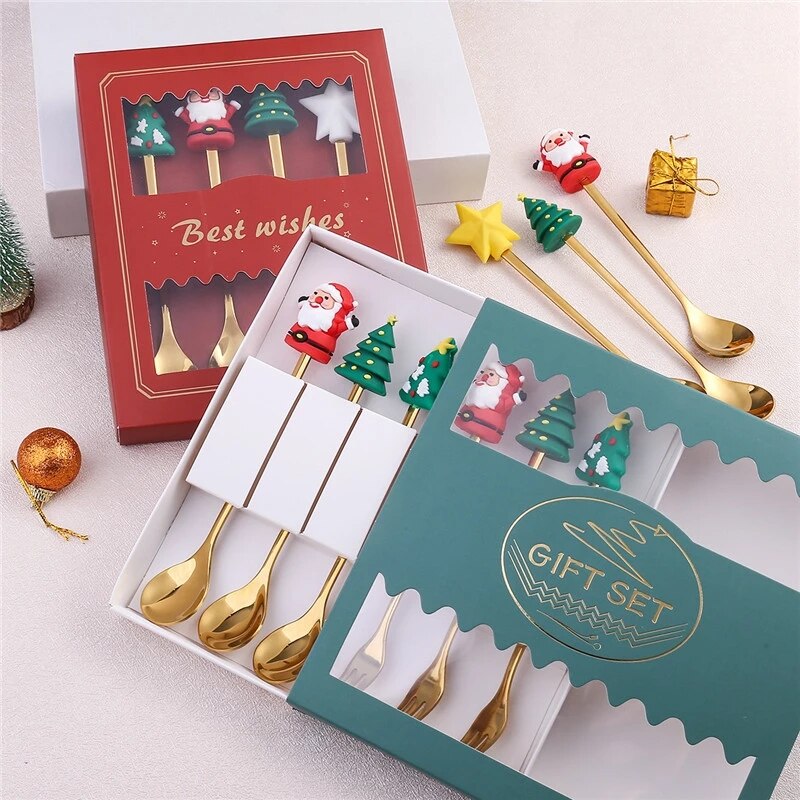 4pcs  Year Christmas Spoon Fork Christmas Decorations for Home Xmas Gifts Navidad 2022 Christmas Tableware Decor Kids Gifts