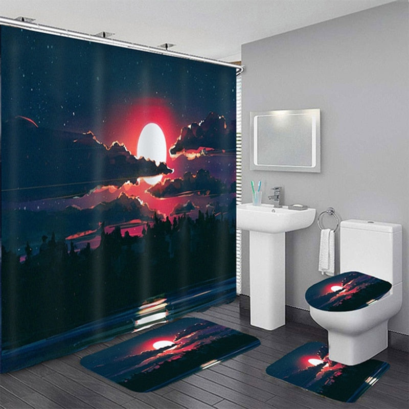 Waterproof Shower Curtain Sets with Rugs Moonlight Sea Scenery Bath Rug and Mats with Hooks Toilet Seat Cover Bathroom Decor