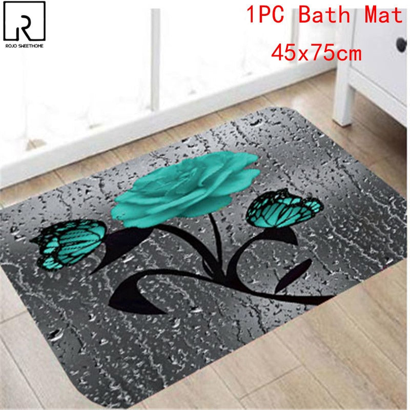 5 Colors Rose Print 3D Shower Curtain Waterproof Polyester Bathroom Curtain Anti-slip Bath Mat Set Toilet Rugs Carpet Home Decor