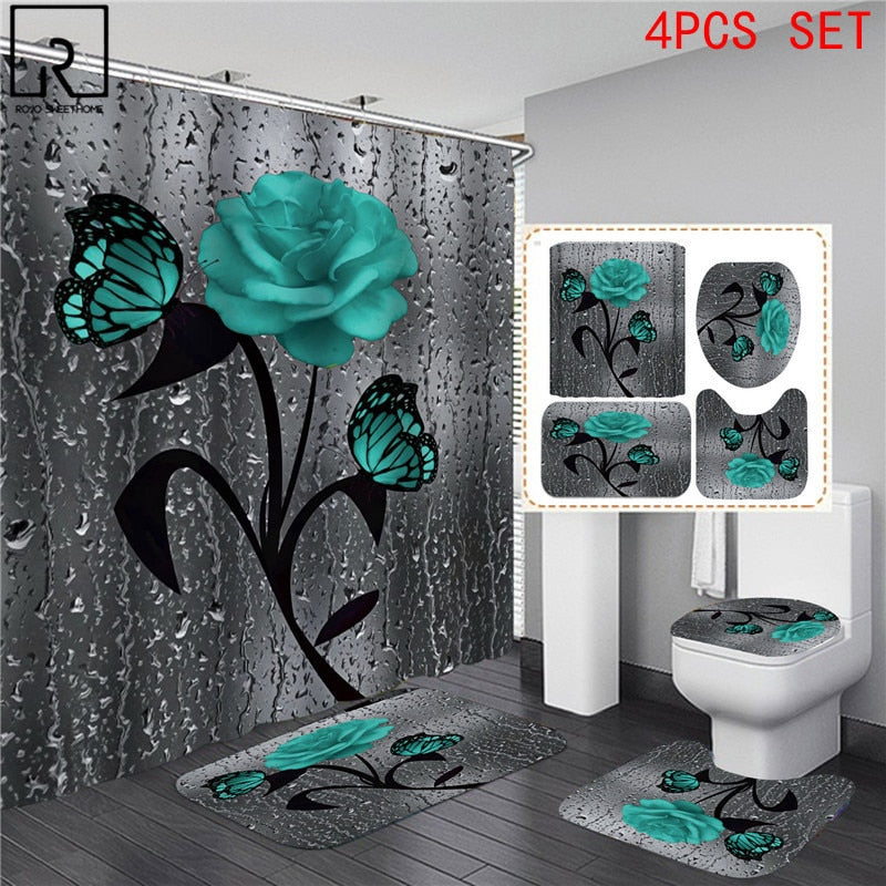 5 Colors Rose Print 3D Shower Curtain Waterproof Polyester Bathroom Curtain Anti-slip Bath Mat Set Toilet Rugs Carpet Home Decor