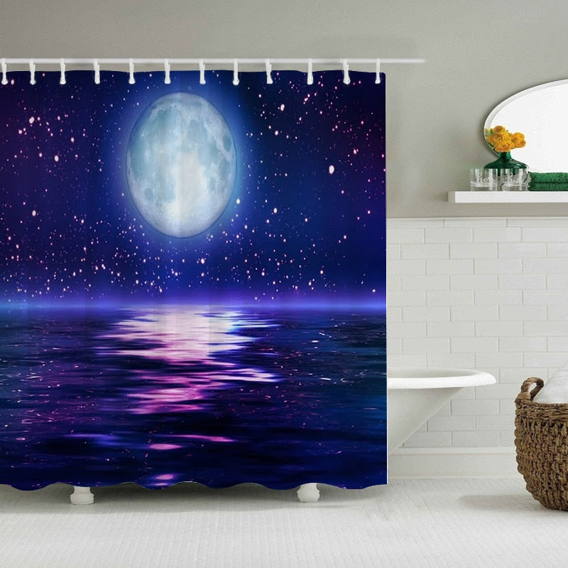 Waterproof Shower Curtain Sets with Rugs Moonlight Sea Scenery Bath Rug and Mats with Hooks Toilet Seat Cover Bathroom Decor