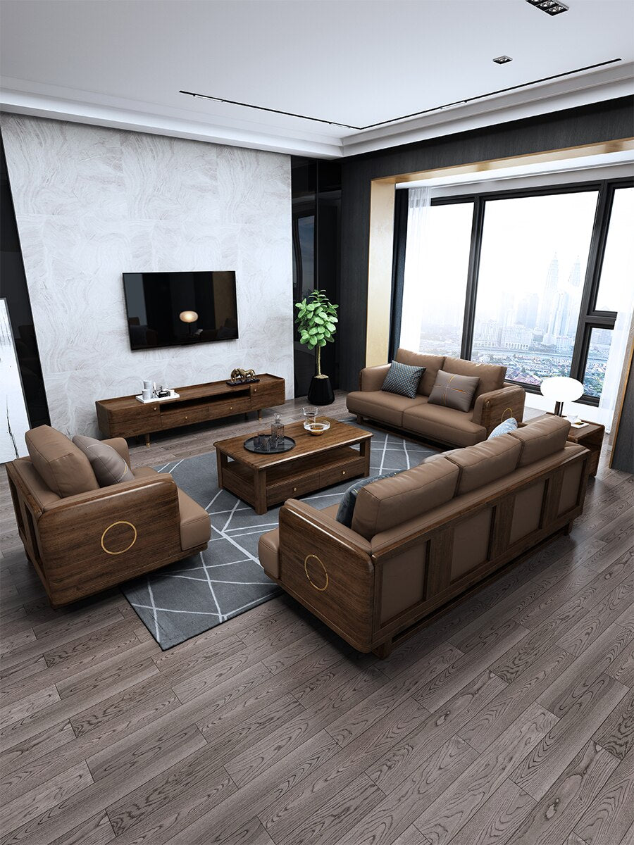 Walnut solid wood sofa combination modern new Chinese living room furniture set economic leather wood sofa three people