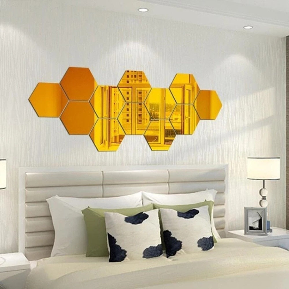 12pcs Acrylic 3D Mirror Wall Sticker Hexagon DIY Mural Removable Living-Room Decal Art Ornaments For Home Bedroom Decoration