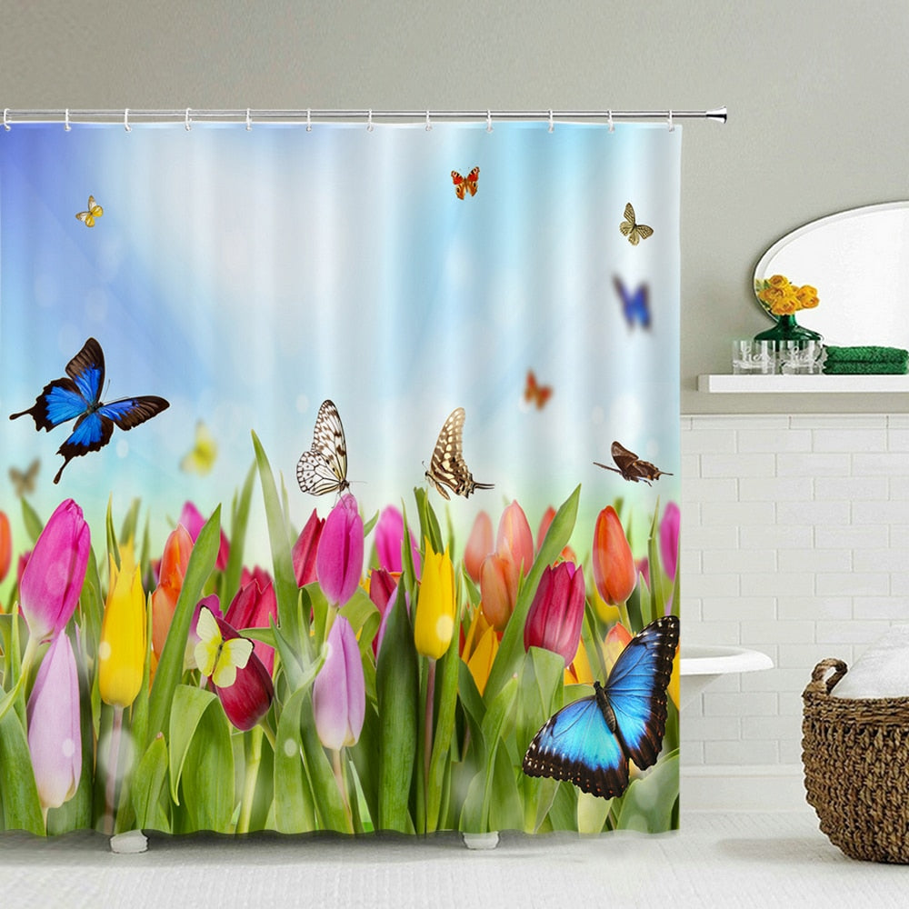 Colorful Butterfly Feathers 3d Nature Flower Plant Shower Curtains Bathroom Curtain Waterproof Polyester Cloth Decoration Screen