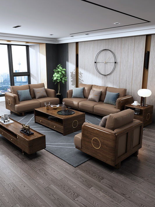 Walnut solid wood sofa combination modern new Chinese living room furniture set economic leather wood sofa three people