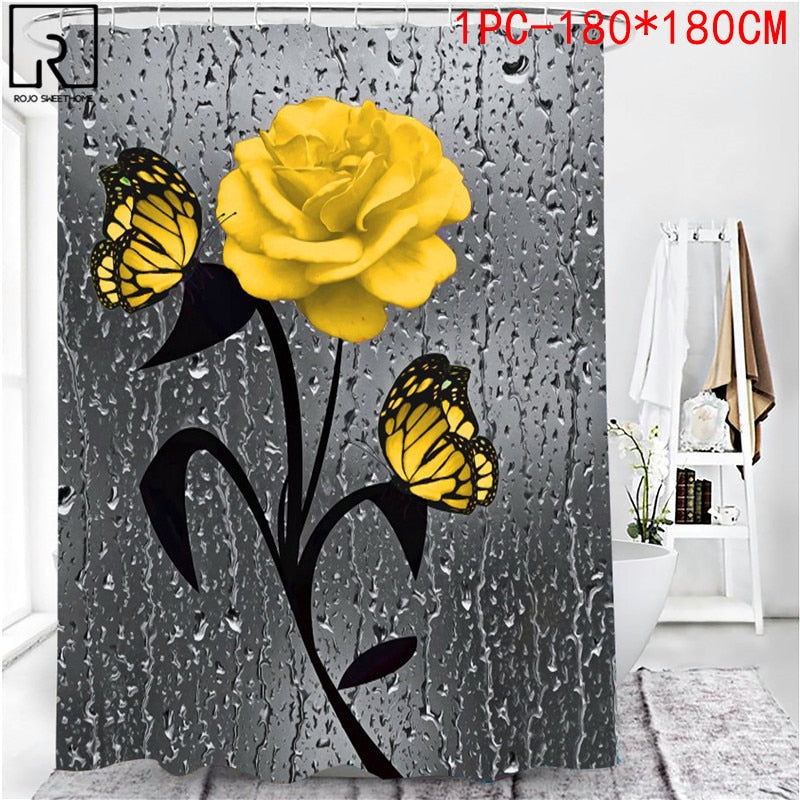 5 Colors Rose Print 3D Shower Curtain Waterproof Polyester Bathroom Curtain Anti-slip Bath Mat Set Toilet Rugs Carpet Home Decor