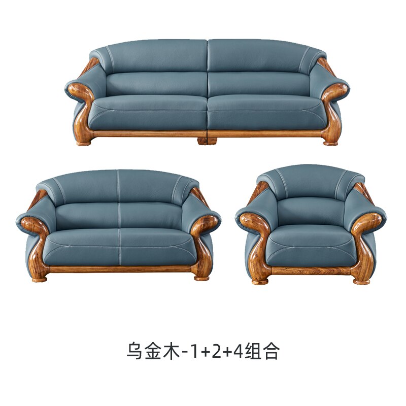 New Chinese style first floor cowhide ebony high-end villa living room household solid wood leather sofa combination