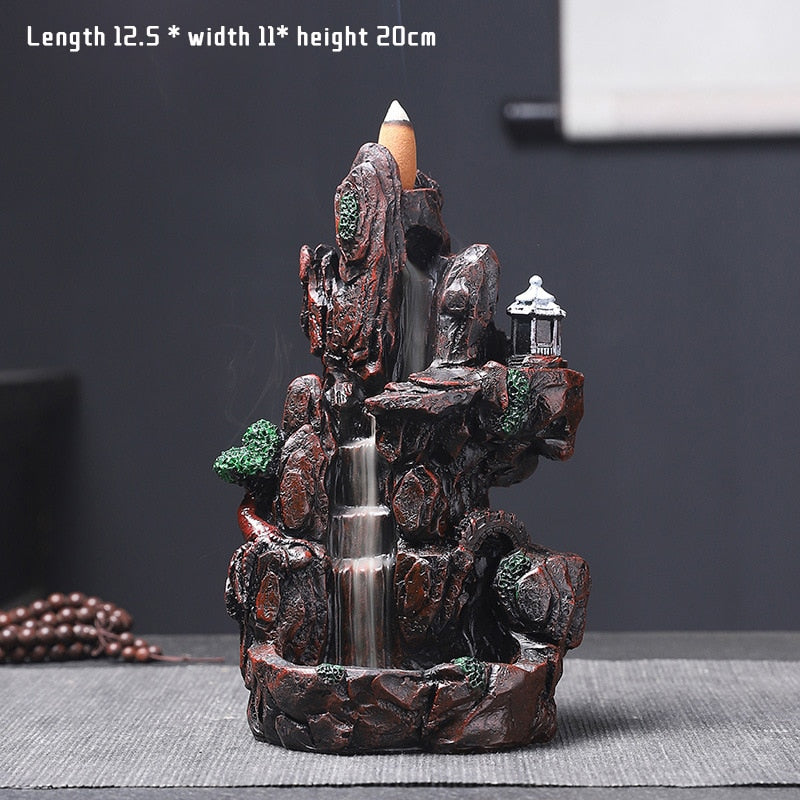 Mountains River Waterfall Incense Burner Fountain Backflow Aroma Smoke Censer Holder Office Home Unique Crafts+100 Incense Cones