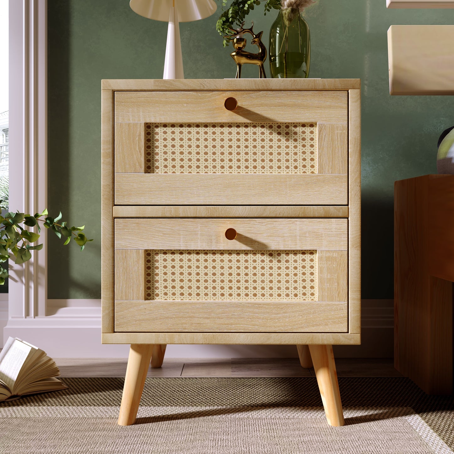 Bedside Table Nightstand Side Table with 2 Drawers Oak Rattan Rattan Drawer Fronts Sofa Table Bedroom Furniture H55/W40/D40CM