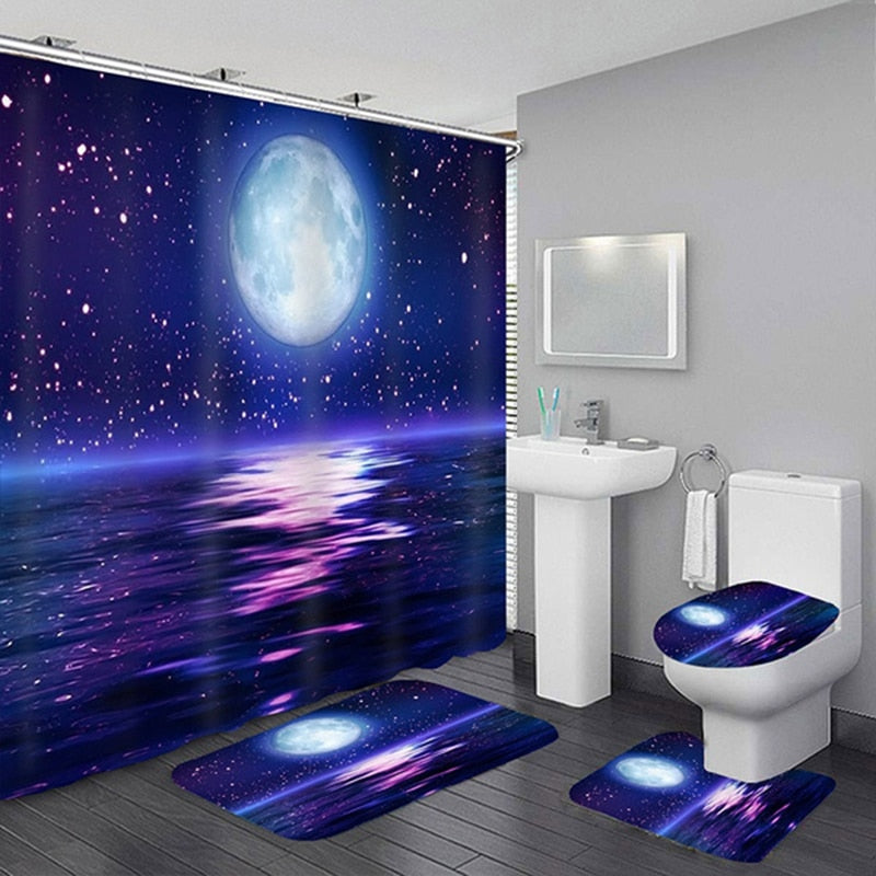 Waterproof Shower Curtain Sets with Rugs Moonlight Sea Scenery Bath Rug and Mats with Hooks Toilet Seat Cover Bathroom Decor