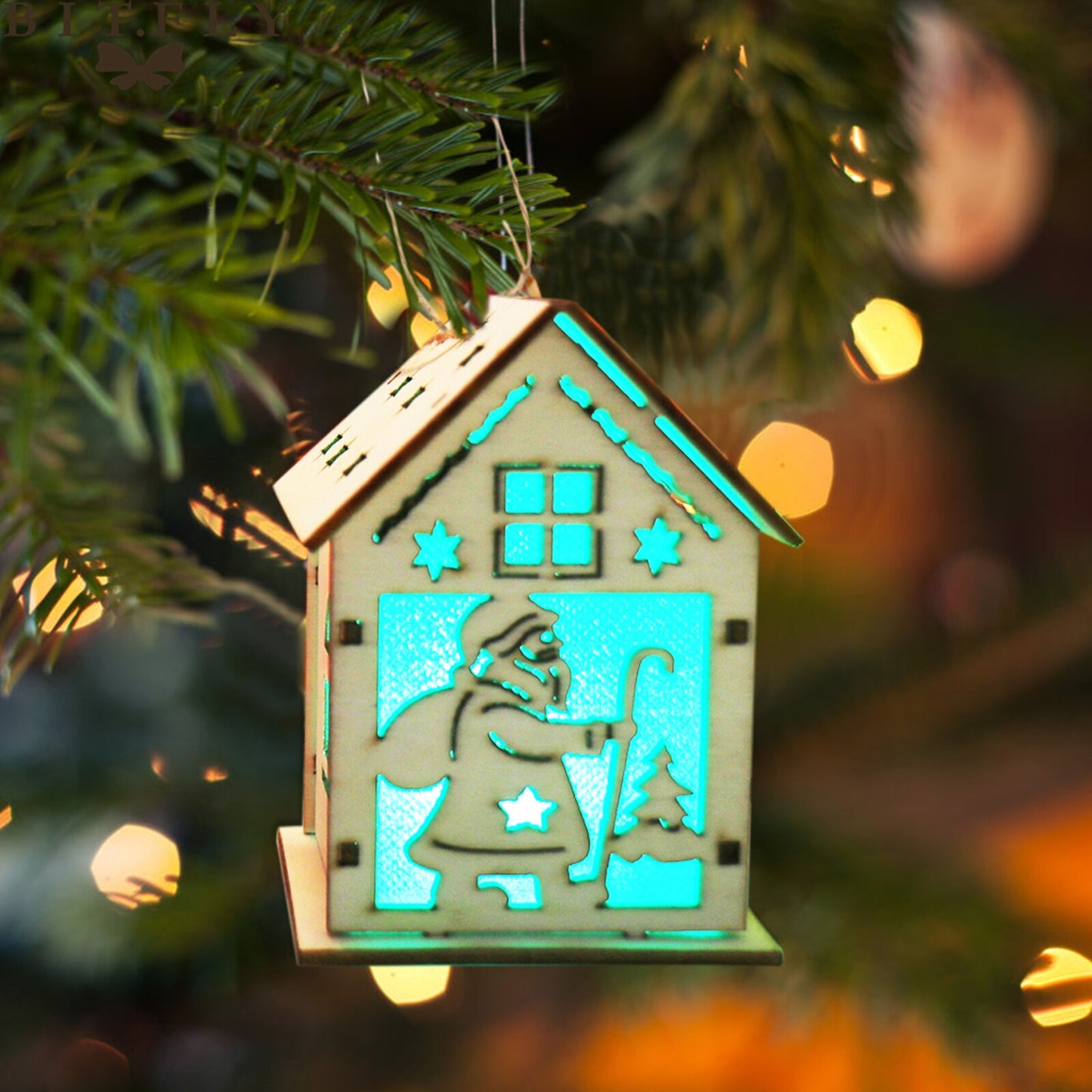 BIT.FLY New Year Christmas Decorations For Home Luminous Noel 2022 Santa Elk Snowman Wood House Christmas Tree Pendant Ornaments