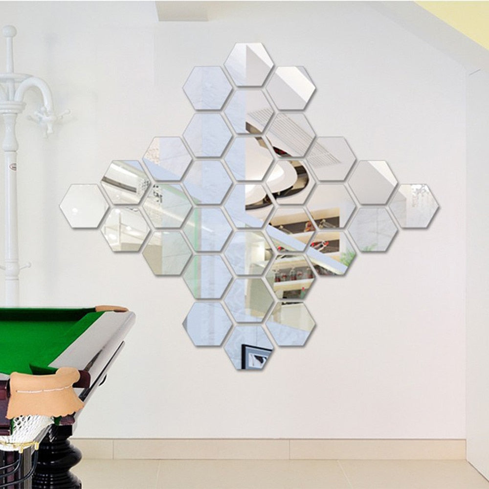 12pcs Acrylic 3D Mirror Wall Sticker Hexagon DIY Mural Removable Living-Room Decal Art Ornaments For Home Bedroom Decoration