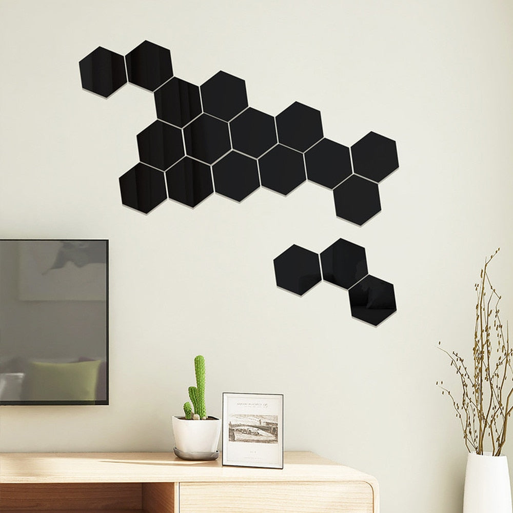 12pcs Acrylic 3D Mirror Wall Sticker Hexagon DIY Mural Removable Living-Room Decal Art Ornaments For Home Bedroom Decoration