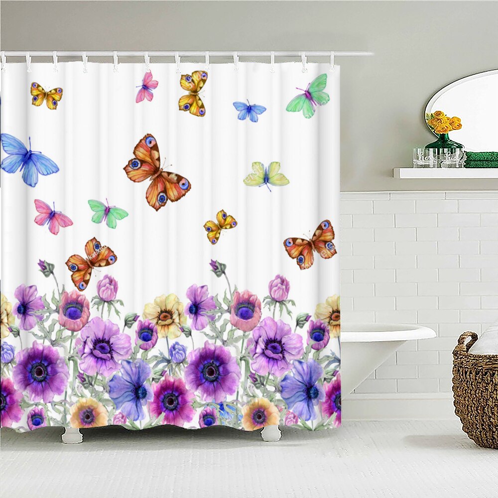 Colorful Butterfly Feathers 3d Nature Flower Plant Shower Curtains Bathroom Curtain Waterproof Polyester Cloth Decoration Screen