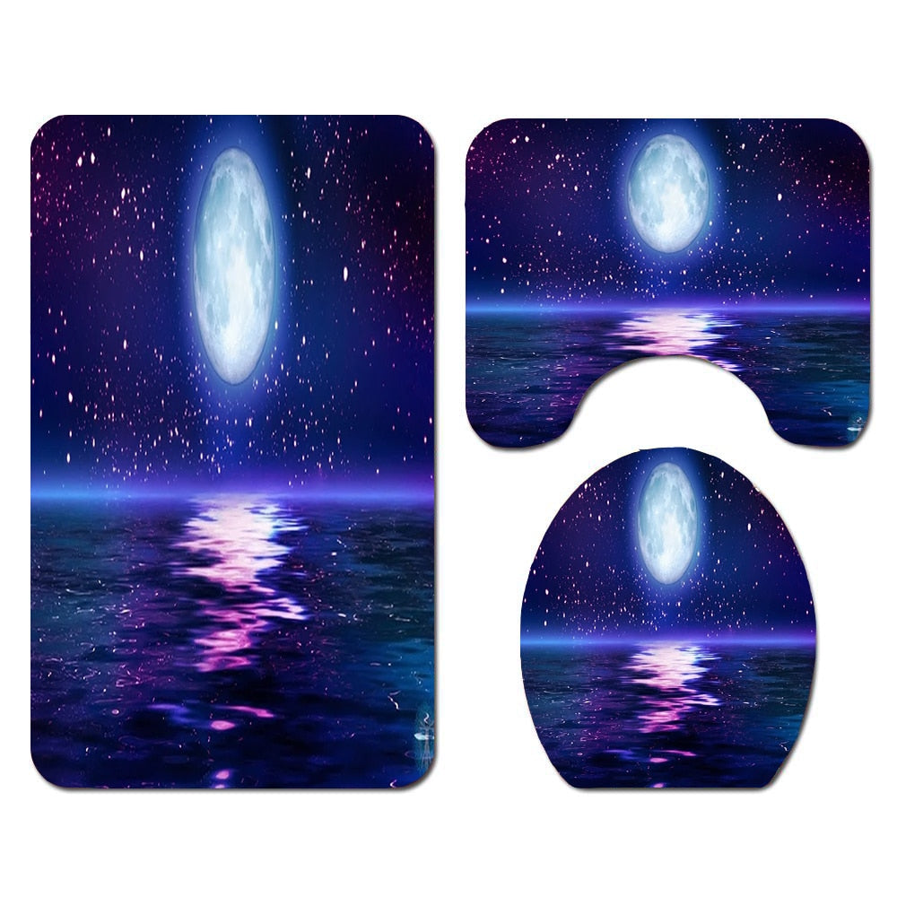 Waterproof Shower Curtain Sets with Rugs Moonlight Sea Scenery Bath Rug and Mats with Hooks Toilet Seat Cover Bathroom Decor