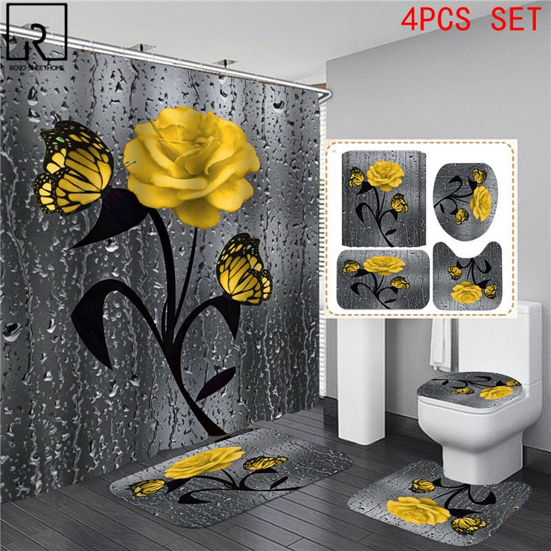 5 Colors Rose Print 3D Shower Curtain Waterproof Polyester Bathroom Curtain Anti-slip Bath Mat Set Toilet Rugs Carpet Home Decor