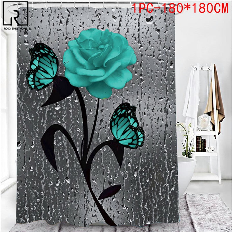 5 Colors Rose Print 3D Shower Curtain Waterproof Polyester Bathroom Curtain Anti-slip Bath Mat Set Toilet Rugs Carpet Home Decor