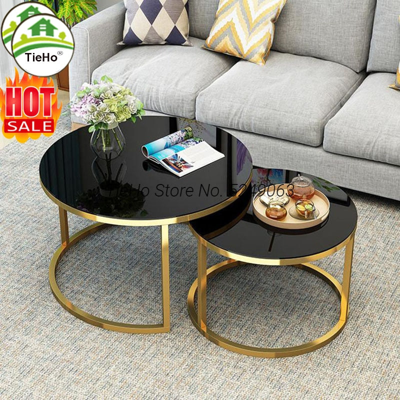 Tempered Glass Round Coffee Table for Living Room 2 in 1 Combination Cafe Table Easy Assembly Center Table