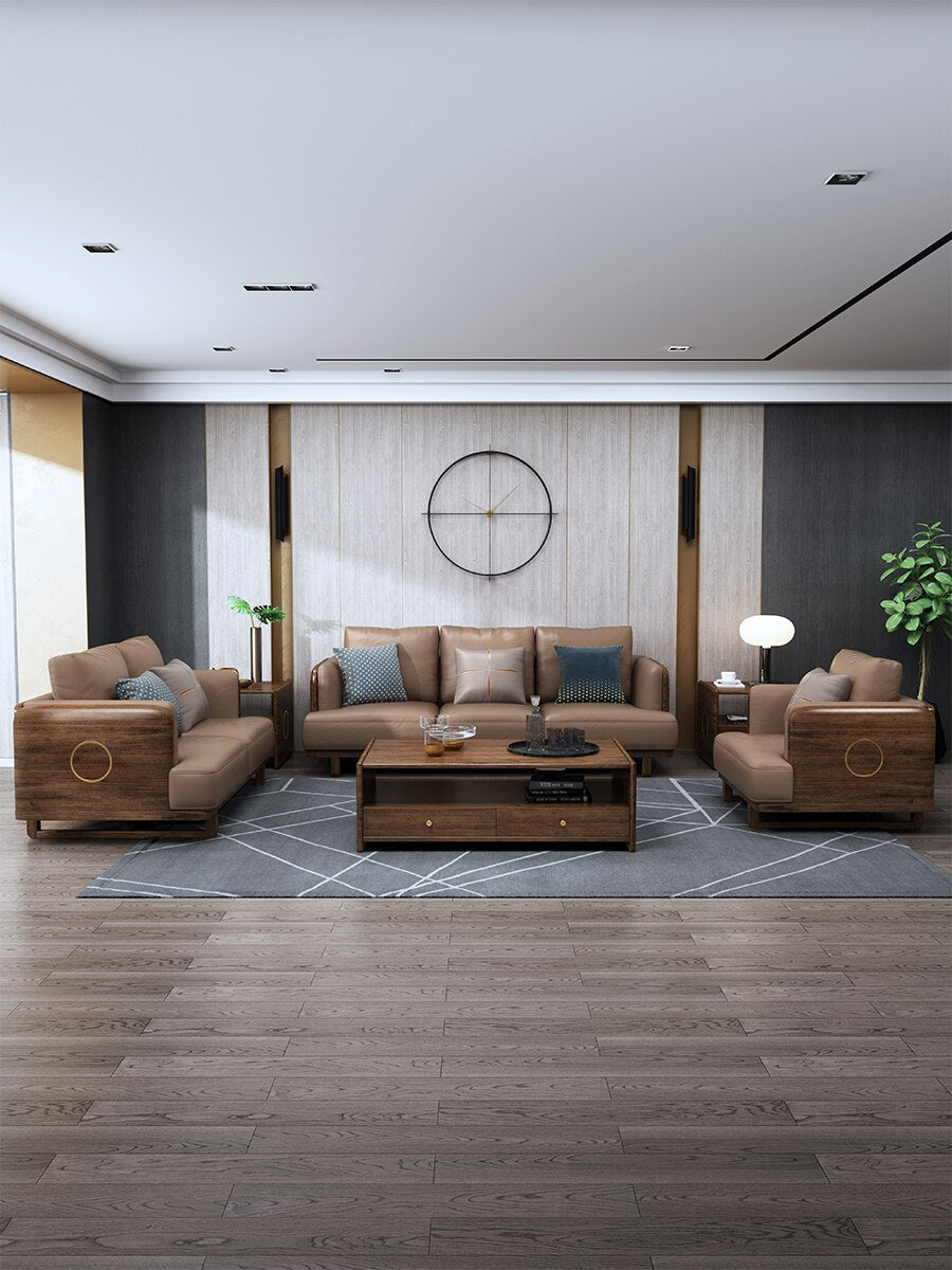 Walnut solid wood sofa combination modern new Chinese living room furniture set economic leather wood sofa three people