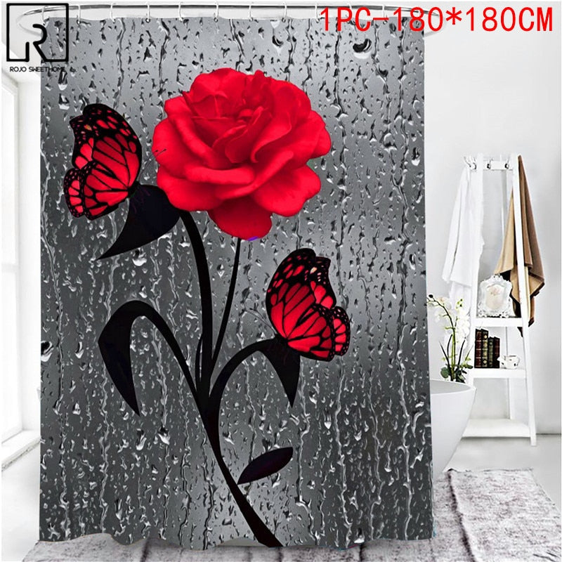 5 Colors Rose Print 3D Shower Curtain Waterproof Polyester Bathroom Curtain Anti-slip Bath Mat Set Toilet Rugs Carpet Home Decor