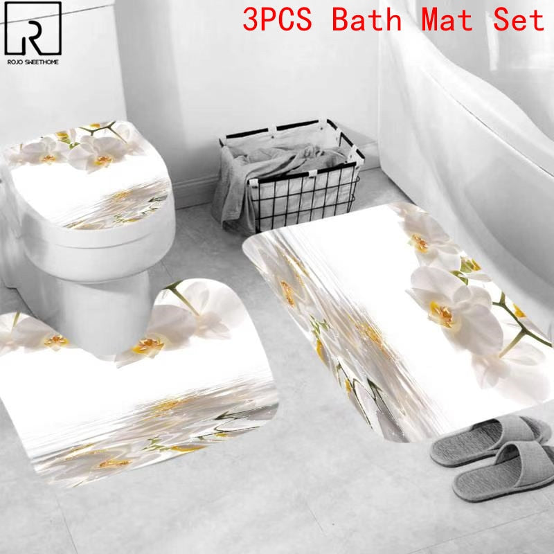 Elegant Flower Print Shower Curtain Set Waterproof Bathtub Screen Soft Bath Mats Carpets Rugs Bathroom Accessories Home Decor