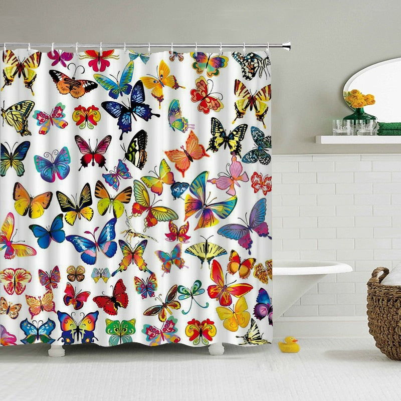 Colorful Butterfly Feathers 3d Nature Flower Plant Shower Curtains Bathroom Curtain Waterproof Polyester Cloth Decoration Screen