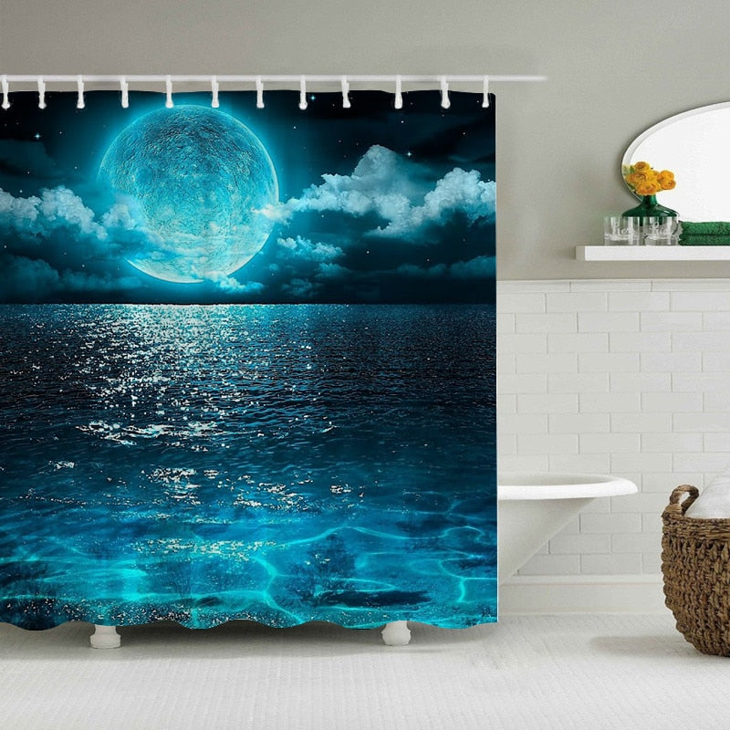 Waterproof Shower Curtain Sets with Rugs Moonlight Sea Scenery Bath Rug and Mats with Hooks Toilet Seat Cover Bathroom Decor