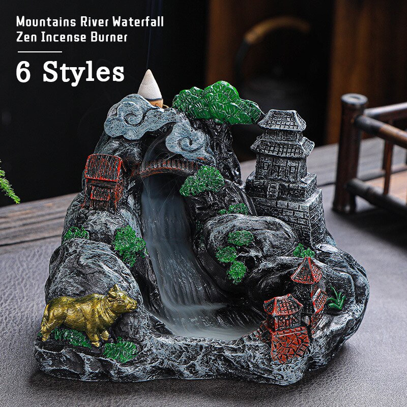 Multi style Mountains River Waterfall Incense Burner Fountain Backflow Aroma Smoke Censer Holder Home WIth 100 Incense Cones