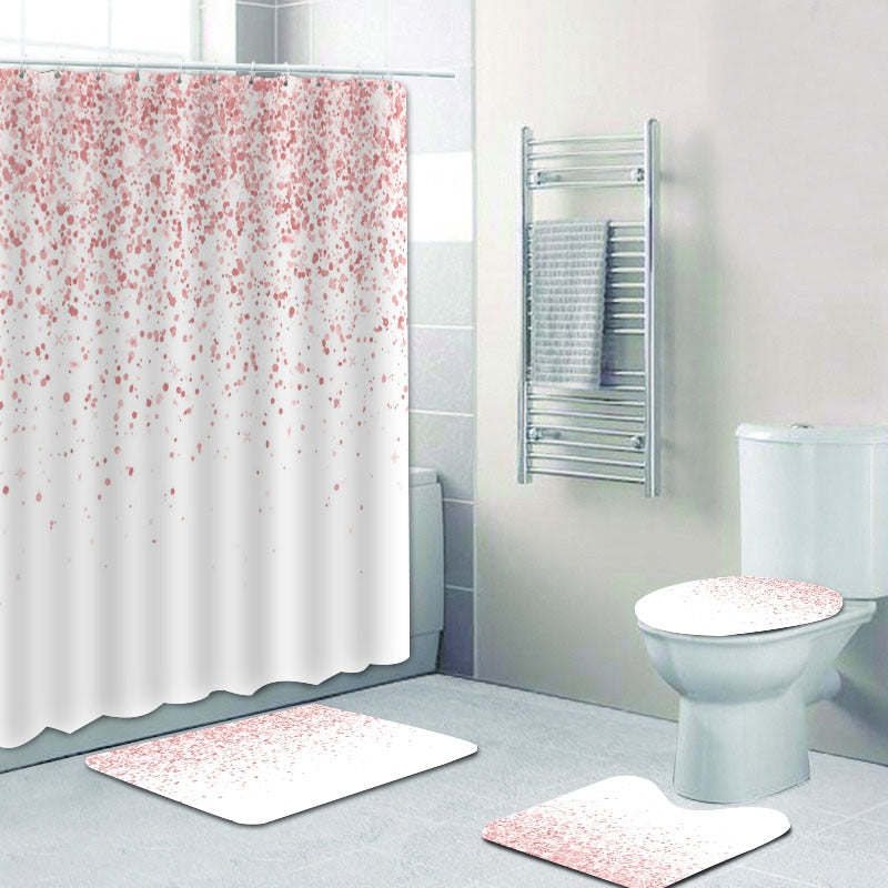 Trendy Rose Gold Falling Sparkle Glitter Bathroom Shower Curtain Set Girly Peach Pink Confetti Dust Dot Bath Mats Cortina Baño