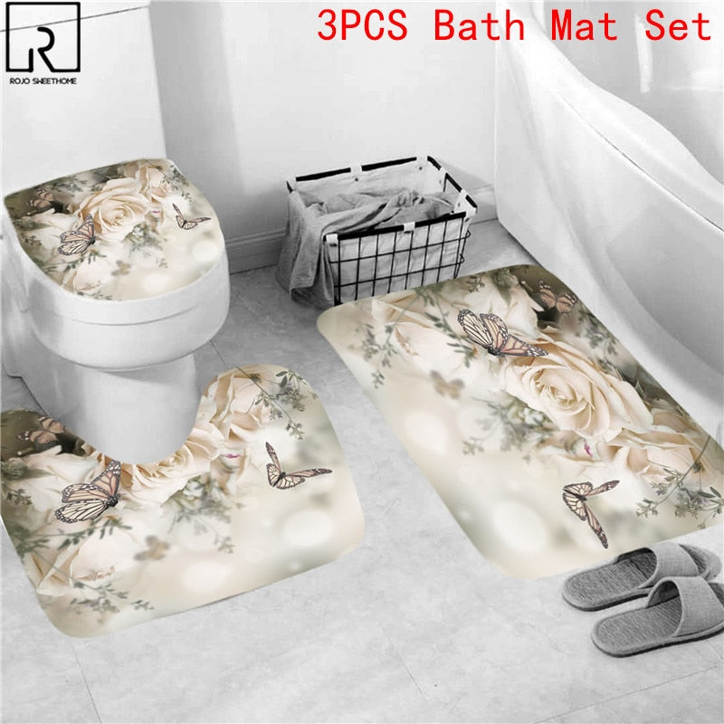 Elegant Flower Print Shower Curtain Set Waterproof Bathtub Screen Soft Bath Mats Carpets Rugs Bathroom Accessories Home Decor