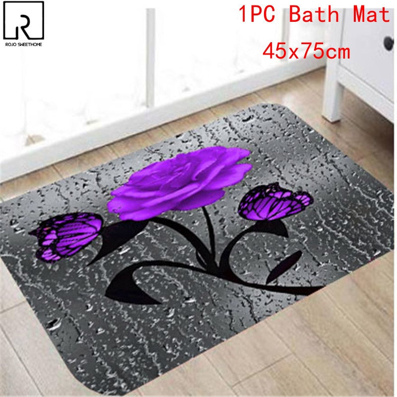 5 Colors Rose Print 3D Shower Curtain Waterproof Polyester Bathroom Curtain Anti-slip Bath Mat Set Toilet Rugs Carpet Home Decor