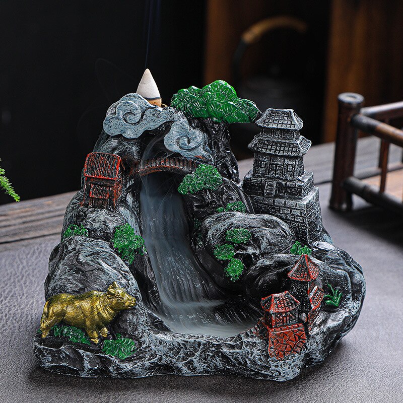 Mountains River Waterfall Incense Burner Fountain Backflow Aroma Smoke Censer Holder Office Home Unique Crafts+100 Incense Cones